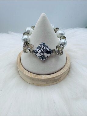 Pearl & Smoky Crystal Stretch Bracelet with Marble Stone Centerpiece